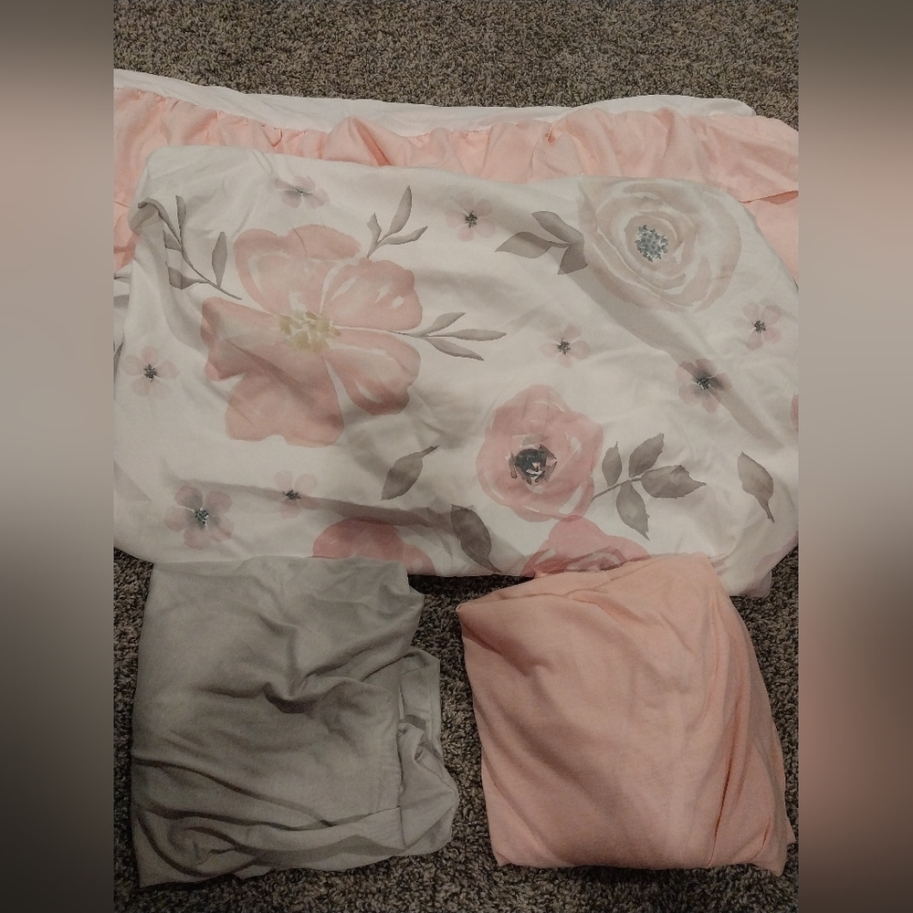 Fitted crib sheet, changing pad cover, crib skirt